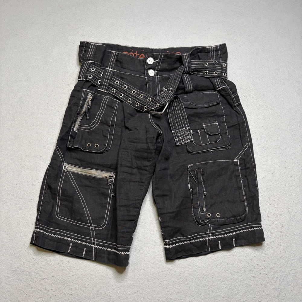 Pete & Greta Cargo Shorts Womens 8 Blk Y2K Contrast Stitch Grommet Belt Utility